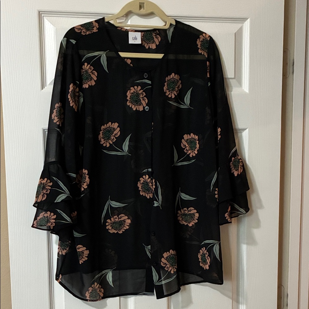 CAbi 5206 Black and Pink Floral Blouse